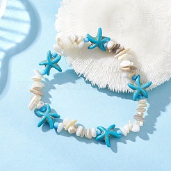 Natural Shell Chip & Synthetic Turquoise Starfish Bead Stretch Bracelets for Women&nbsp;BJEW-JB12581-02