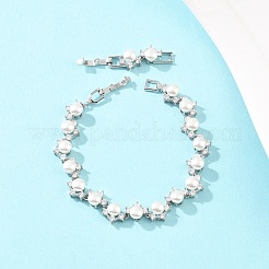 Platinum Tone Brass Micro Pave Cubic Zirconia & Plastic Pearl Tennis Bracelets&nbsp;BJEW-B160-16P