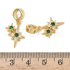 Brass Micro Pave Green and Clear Cubic Zirconia Double Star European Dangle Charms&nbsp;KK-L257-27G
