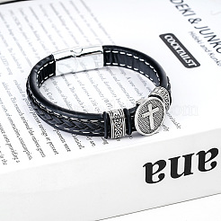 Vintage 201 Stainless Steel Cross Medal Braided PU Leather Cord Bracelets with Magnetic Clasps for Unisex&nbsp;WG3E37D-01