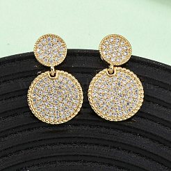 Brass Micro Pave Cubic Zirconia Flat Round Dangle Stud Earrings&nbsp;EJEW-B153-06G