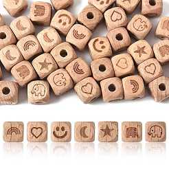 42Pcs 7 Styles Engraved Beech Wood Beads&nbsp;WOOD-FS0001-53