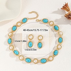 Oval Synthetic Turquoise & Imitation Pearl Earrings & Necklaces Sets for Women&nbsp;FS-WGC1BDB-01