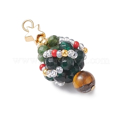 Faceted Round Natural Green Onyx Agate(Dyed & Heated) & Fuchsite & Glass Seed Beaded Christmas Tree Pendants&nbsp;PALLOY-MZ00806