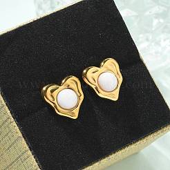 Natural White Jade & Ion Plating(IP) 304 Stainless Steel Heart Stud Earrings&nbsp;EJEW-A118-04G-04