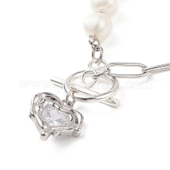 Clear Cubic Zirconia Heart Pendant Necklace with Natural Pearl Beaded&nbsp;NJEW-TA00048