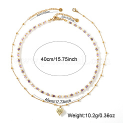 304 Stainless Steel Heart Pendant White Faux Pearl and Natural Amethyst Faceted Round Beaded Double Layer Necklaces for Women&nbsp;JN5423-1
