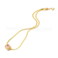 Pink Cubic Zirconia Rectangle Pendant Necklace with Flat Snake Chain for Women&nbsp;NJEW-B082-03