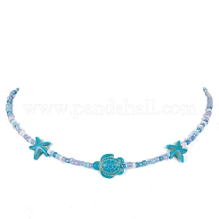 Synthetic Turquoise Starfish & Turtle & Seed Beaded Necklace for Women&nbsp;NJEW-JN04482-01