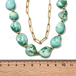 304 Stainless Steel with Dyed Green Natural Shell Nuggets Beaded Double Layer Necklaces for Women&nbsp;NJEW-G181-09G