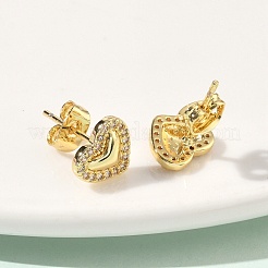 Heart Brass Micro Pave Clear Cubic Zirconia Stud Earrings&nbsp;EJEW-P336-03G