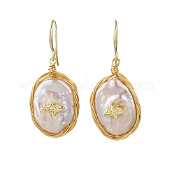 Oval with Insects Brass Baroque Pearl Dangle Earrings&nbsp;EJEW-Q043-03G