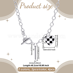 4Pcs 2 Colors Alloy Enamel Checkered Heart Pendant Iron Chain Necklaces&nbsp;NJEW-HY0001-31
