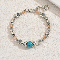 Synthetic Turquoise & Zinc Alloy Flower Round Beaded Elegant Women's Bracelets&nbsp;ZF9311-1