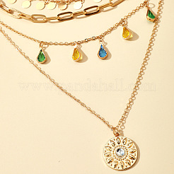 Teardrop Disc Alloy with Colorful Rhinestone Pendant Multi Layered Necklaces for Women&nbsp;FS-WG832B2-01