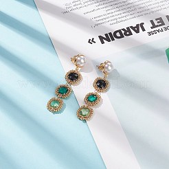 Glass Rectangle Beaded Long Dangle Stud Earrings with Imitation Pearl&nbsp;EJEW-TA00141-01