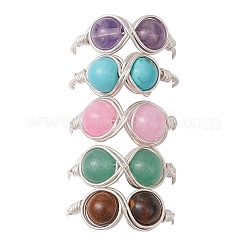5Pcs Natural Tiger Eye & Dyed Yellow Jade & Amethyst & Green Aventurine & Synthetic Turquoise Infinity Finger Rings for Women&nbsp;RJEW-JR00832-01