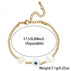 Summer Natural Shell Heart & Evil Eye & Brass Round Beaded Bracelets with Stainless Steel Chains&nbsp;NH4059