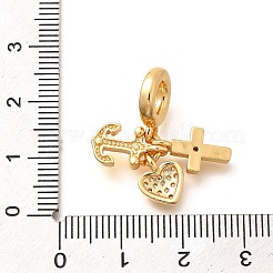 Brass Clear Cubic Zirconia Cross & Anchor & Heart European Dangle Charms&nbsp;KK-U048-08G