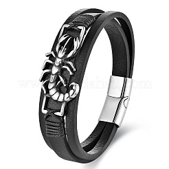 Black Imitation Leather & 316L Stainless Steel Centipede Multi-strand Bracelets with Magnetic Clasps for Men&nbsp;WG416ED-01