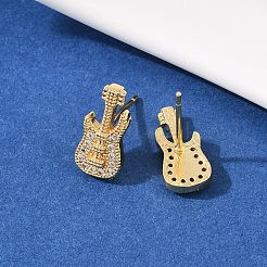 Brass Micro Pave Clear Cubic Zirconia Guitar Stud Earrings&nbsp;EJEW-F400-08G
