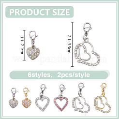 12Pcs 6 Styles Heart Brass & Alloy Rhinestone Pendant Decoration&nbsp;HJEW-DR00171