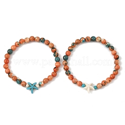 2Pcs 2 Colors Summer Beach Round Synthetic Ocean White Jade & Starfish Dyed Turquoise Beaded Stretch Bracelet Sets&nbsp;BJEW-JB14185