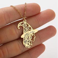 Halloween 201 Stainless Steel Witch Outline Pendant Necklaces for Women&nbsp;WG0654A-01