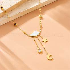 304 Stainless Steel Pave Clear Cubic Zirconia with Natural White Shell Cloud with Moon Star Tassel Pendant Necklaces for Women&nbsp;FS-WG2EBDD-01