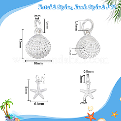 4Pcs 2 Styles Starfish/Shell Shape 925 Sterling Silver Sea Animal Charms&nbsp;STER-PH0003-43