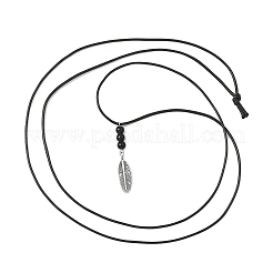 Alloy Feather Pendant Black Waxed Polyester Cord Long Necklaces&nbsp;NJEW-JN05638
