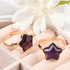 Star Natural Gemstone Adjustable Finger Rings&nbsp;RJEW-H241-01G-03-01