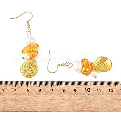 Ocean Alloy & Natural Amber & Shell Pearl Dangle & Drop Earrings&nbsp;EJEW-JE07427