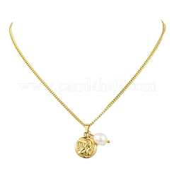 Angel Coin 304 Stainless Steel & Natural Pearl Pendant 304 Stainless Steel Curb Chain Necklaces for Women&nbsp;NJEW-JN06055