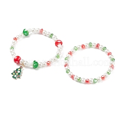 2Pcs 2 Style Glass Pearl & Lampwork Mushroom Beaded Stretch Bracelets Set with Alloy Enamel Christmas Charm for Women&nbsp;BJEW-JB08395