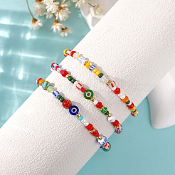 3Pcs 3 Styles Bohemian Handmade Lampwork & Glass Evil Eye Beaded Stretch Bracelet Sets&nbsp;JV1466