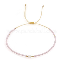 Adjustable Glass Seed Bead Braided Bead Bracelets for Women, with Natural Freshwater Pearls & Brass, Snow, 11.02 inch(28cm)