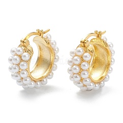 Brass Hoop Earrings, with Acrylic Imitation Pearl, Ring, White, Real 18K Gold Plated, 21.5x21x8.5mm, Pin: 0.7mm