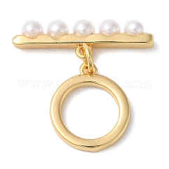 Brass with ABS Imitation Pearl Toggle Clasps, Cadmium Free & Nickel Free & Lead Free, Real 18K Gold Plated, bar: 6.5x22.5x3.5mm, hole: 1.2mm, ring: 14.5x12.5x1.5mm, hole: 1.2mm