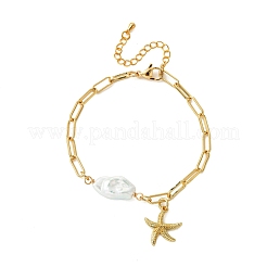 Starfish Brass & Natural Baroque Pearl Keshi Pearl Charm Bracelets&nbsp;BJEW-JB13741
