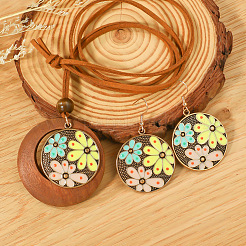 Bohemian Alloy Enamel & Wood Pendant Necklaces & Dangle Earrings Sets&nbsp;FS-WGC69E7-01