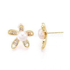 Flower Brass Natural Pearl Stud Earrings&nbsp;PEAR-N020-05X