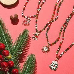 Christmas Theme Alloy Enamel Pendant Necklace with Glass Beaded Chains&nbsp;NJEW-JN04338