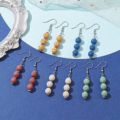 Dyed Nature Lava Rock Round Beaded Dangle Earrings for Women&nbsp;EJEW-JE05636