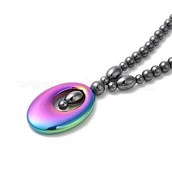 Synthetic Non-magnetic Hematite Oval Pendant Necklace with Round Beaded Chains&nbsp;NJEW-R259-02