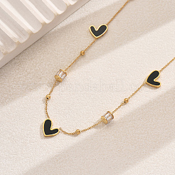 Stainless Steel Pave Clear Cubic Zircon Column & Imitation Shell Black Heart Link Chain Necklaces for Women&nbsp;HU5072