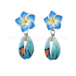 Handmade Polymer Clay 3D Flower Plumeria & Flower Word Printed Cowrie Shell Dangle Stud Earrings for Women&nbsp;EJEW-JE07483