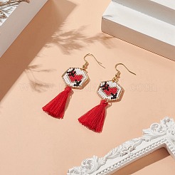 Glass Seed Braided Hexagon Dangle Earrings&nbsp;EJEW-MZ00052-01