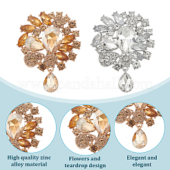 2Pcs 2 Colors Flower with Teardrop Zinc Alloy Rhinestone Brooch&nbsp;JEWB-GO0001-14