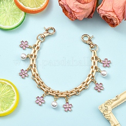 Alloy Enamel Flower with ABS Plastic Pearl Round Bead Charm Iron Chain Bag Decorative Chains&nbsp;HJEW-FS00054-03